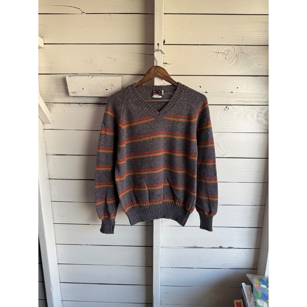 Vintage Robert 100% Wool Shetland Sweater Mens XL V-Neck Striped Grey Italy